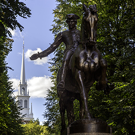 Paul Revere statue in front of the Old North Church in Boston, Massachusetts on the Freedom Trail